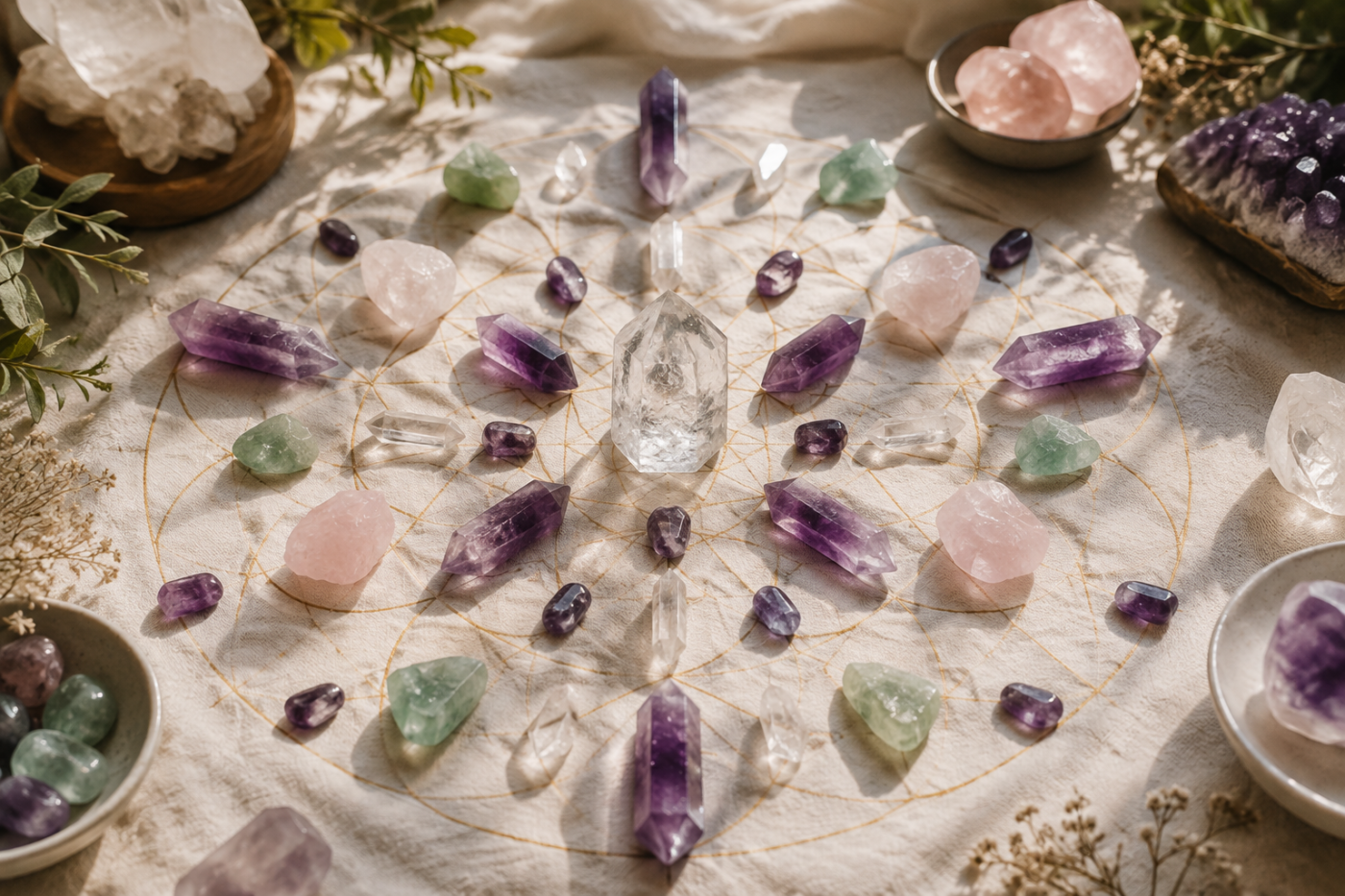Crystal grid with clear quartz, amethyst, rose quartz, and green crystals arranged in a geometric pattern for intention setting and manifestation.