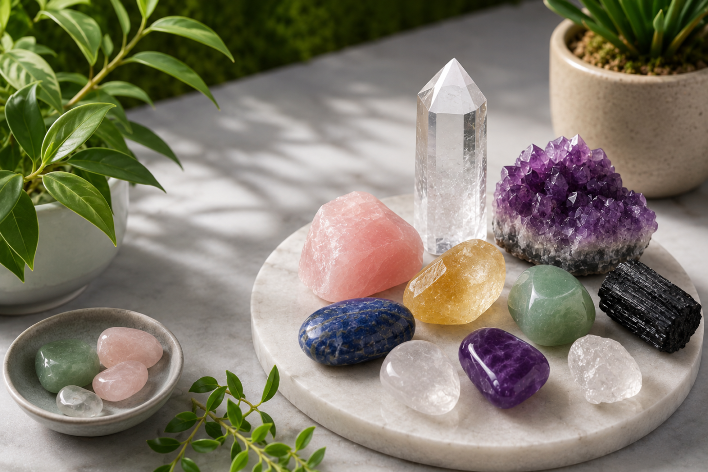 10 must-have healing crystals for beginners arranged on a marble display with amethyst, rose quartz, clear quartz, citrine and green aventurine